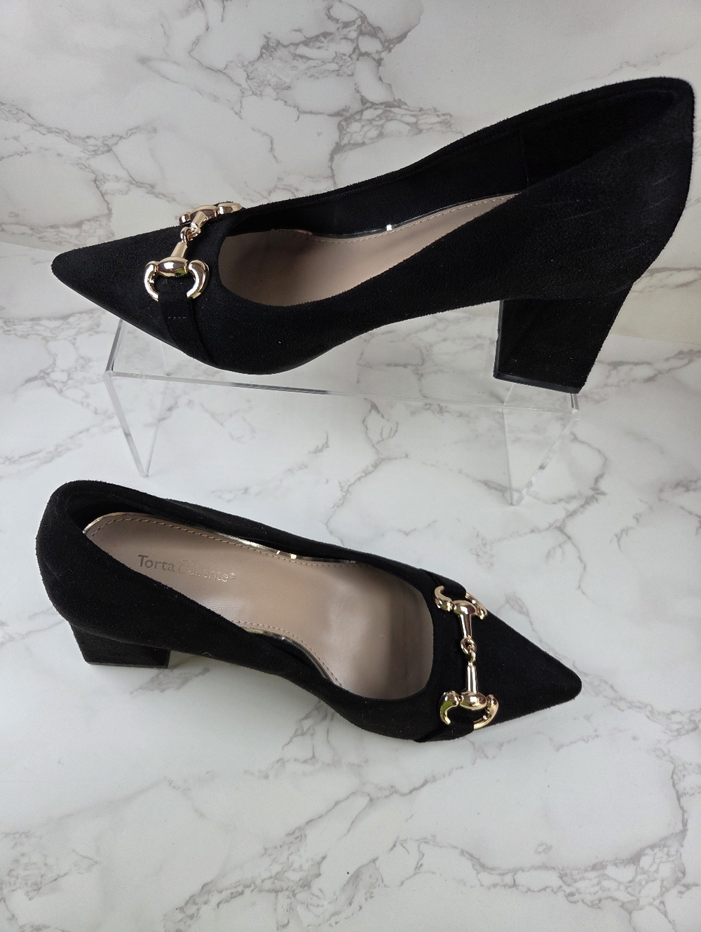 Black Suede Block Heel Pumps with Gold Bit Accent(B22)